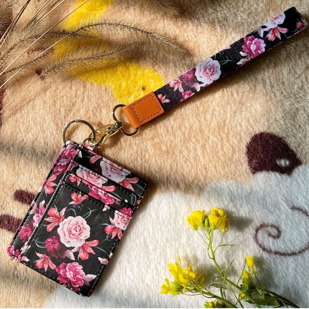Floral Black Card Holder with Wrist Strap